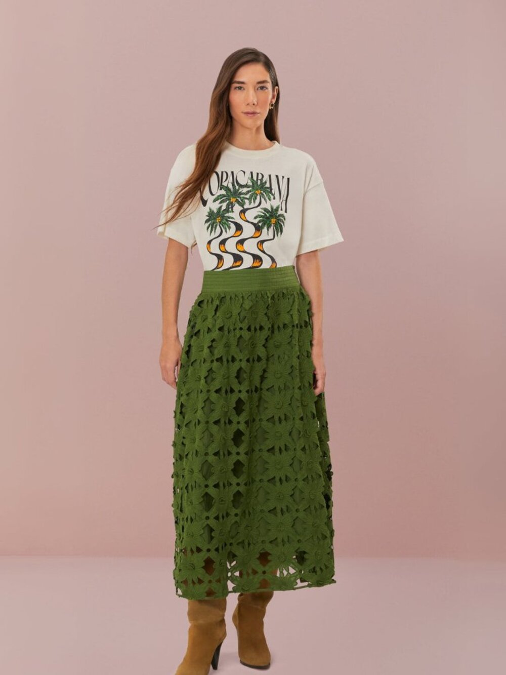 FARM RIO green richelieu midi skirt Sz S